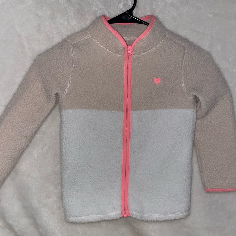 OshKosh B'gosh Tan and White Fleece Hoodie with Pink Zipper